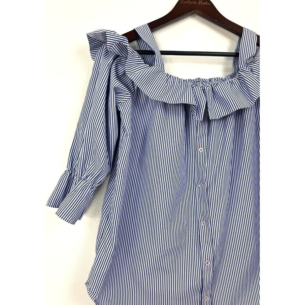 Janet Chung Womens Size L Blouse Blue White Striped Off Shoulder Ruffle Top H2 - Picture 9 of 12